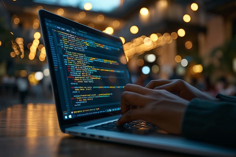 Developer typing code on laptop keyboard — start your software project with Dokapexon