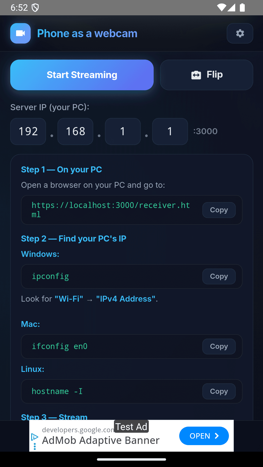 Phone as a Webcam — Camera selection and settings
