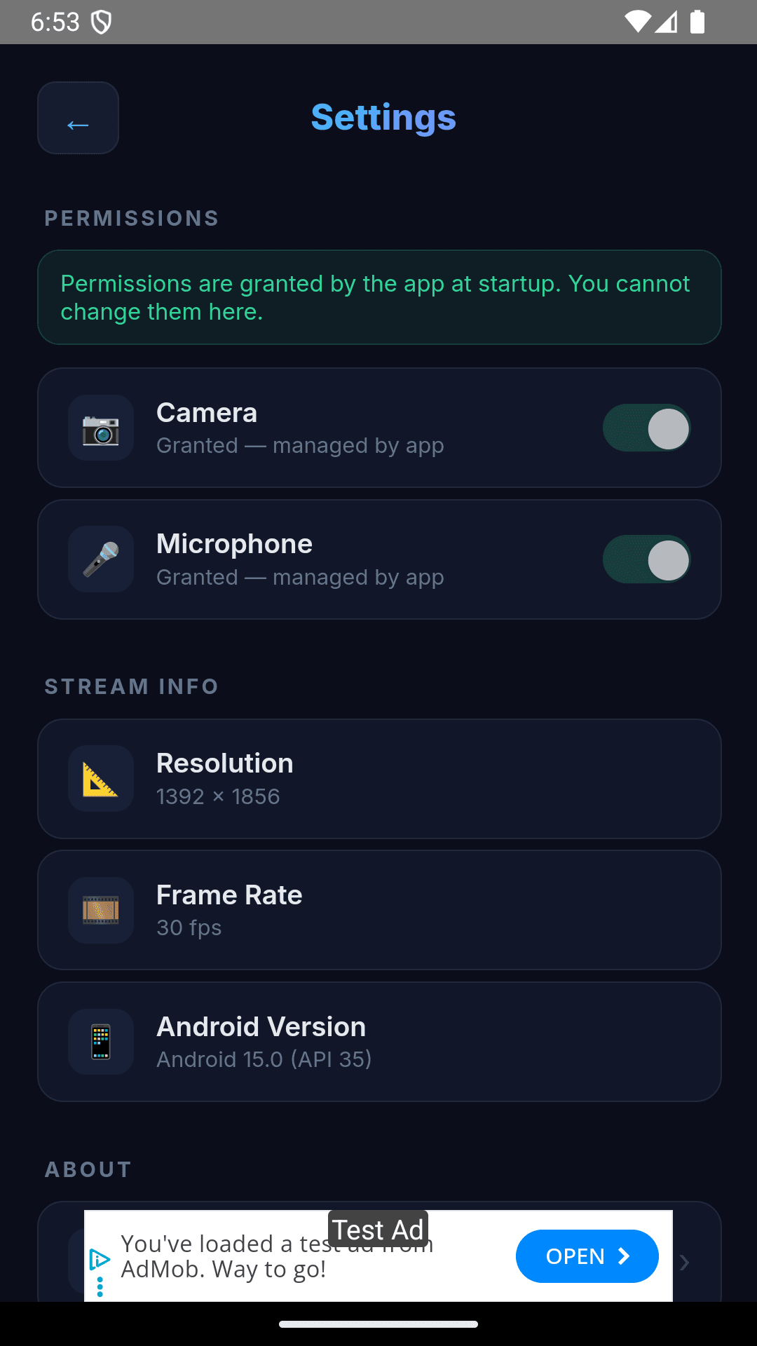Phone as a Webcam — Connection and streaming controls